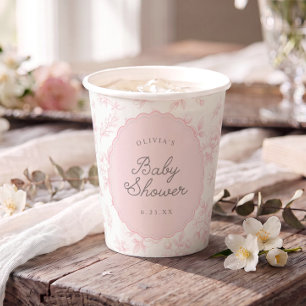 Vasos De Papel Fiesta de Bebé con Flores Rosadas Vintage Francesa