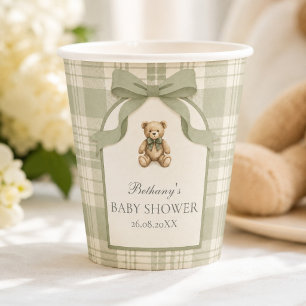 Vasos De Papel Fiesta de Bebé de Oso de Peluche Gingham Verde Sal