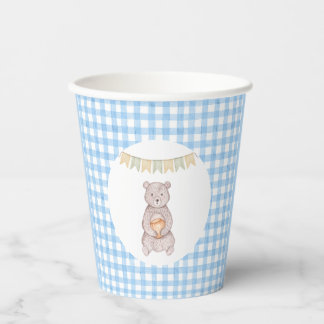 Vasos De Papel Fiesta de Bebé de Oso Rústico en Azul con Cuadro d
