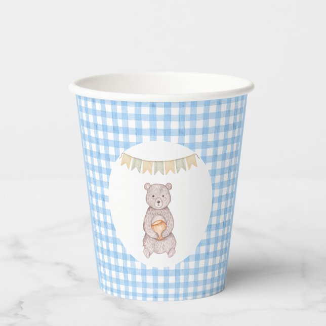 Vasos De Papel Fiesta de Bebé de Oso Rústico en Azul con Cuadro d (Anverso)