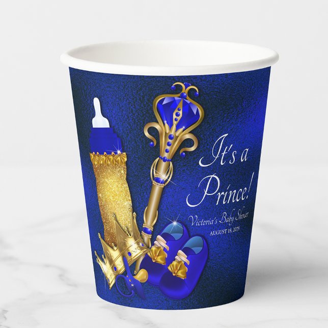 Vasos De Papel Fiesta de Bebé del Príncipe Azul Real y Oro (All text can be changed.)