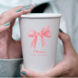 Vasos De Papel Fiesta de bebé preppy con lazo rosa y cuadros ging