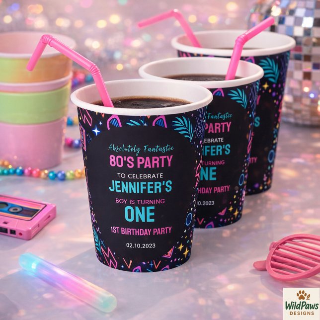 Vasos De Papel Fiesta de cumpleaños 1º Modern Retro Neon 80’s (Modern Retro Neon 80’s 1st Birthday Party paper cups)
