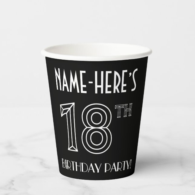 Vasos De Papel Fiesta de cumpleaños 18: Estilo Art Deco + Nombre  (Anverso)