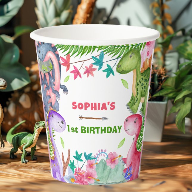Vasos De Papel Fiesta de cumpleaños 1 de dinosaurio de niña linda (Subido por el creador)