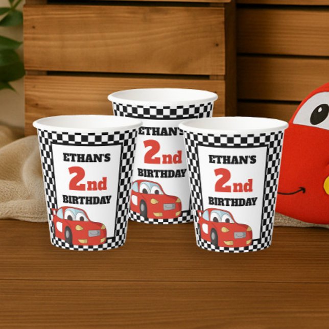 Vasos De Papel Fiesta de cumpleaños 2 de Coche de Carreras Rojo (Red and black race car birthday party paper cups)