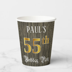Vasos De Papel Fiesta de cumpleaños 55 — Luces de Faux Gold y Fau