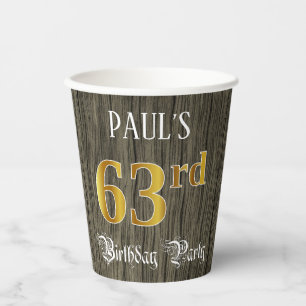 Vasos De Papel Fiesta de cumpleaños 63 — Luces de Faux Gold y Fau