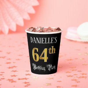 Vasos De Papel Fiesta de cumpleaños 64 — Fancy Script, Faux Gold