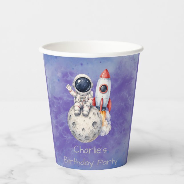 Vasos De Papel Fiesta de Cumpleaños Astronauta Acuarela Espacio (Anverso)