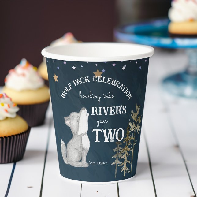 Vasos De Papel Fiesta de cumpleaños con temática de lobo pequeño  (Howling into two Little wolf themed birthday party printed paper cups personalized tableware decor)