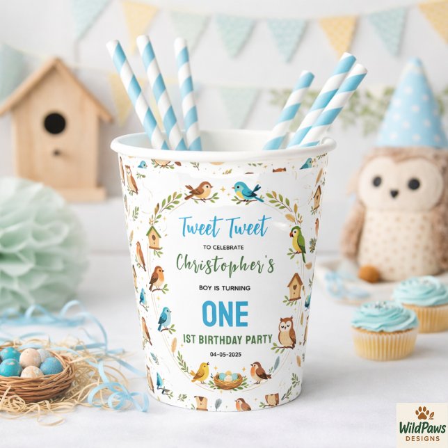Vasos De Papel Fiesta de cumpleaños de Cute Birds 1st - Niños div (Cute Birds 1st Birthday Party – Fun Kids Paper Cups
)