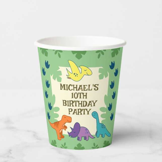 Vasos De Papel Fiesta de cumpleaños de dinosaurios para niños (Anverso)