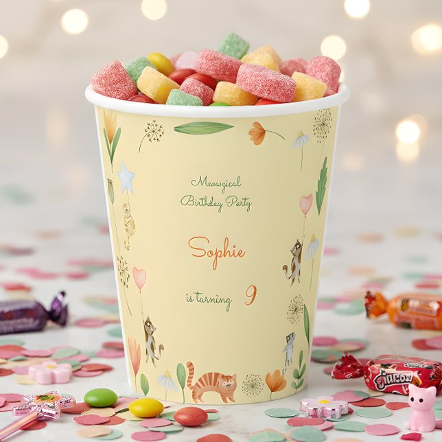 Vasos De Papel fiesta de cumpleaños de flores y gatos meowgicos (Subido por el creador)