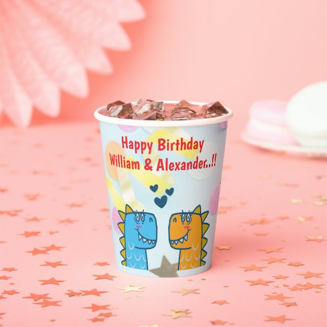 Vasos De Papel Fiesta de cumpleaños de gemelos Dino Roar (in situ)