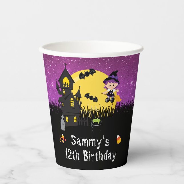 Vasos De Papel Fiesta de cumpleaños de Halloween Bruja Purple (Anverso)