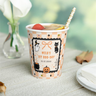 Vasos De Papel Fiesta de cumpleaños de Halloween de gingham naran