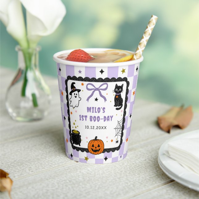 Vasos De Papel Fiesta de cumpleaños de Halloween de gingham púrpu (in situ)