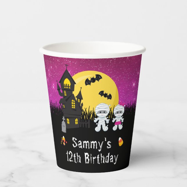 Vasos De Papel Fiesta de cumpleaños de Halloween Mummy Pink (Anverso)