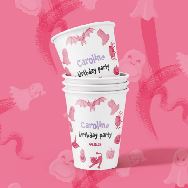Vasos De Papel Fiesta de cumpleaños de Halloween rosa y blanco (Subido por el creador)