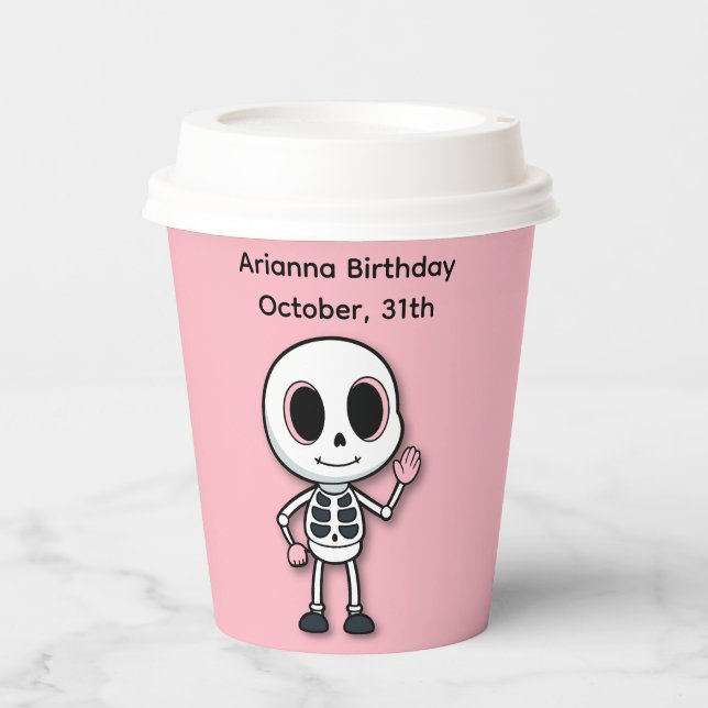 Vasos De Papel Fiesta de cumpleaños de Halloween | Skeleton rosad (Anverso)
