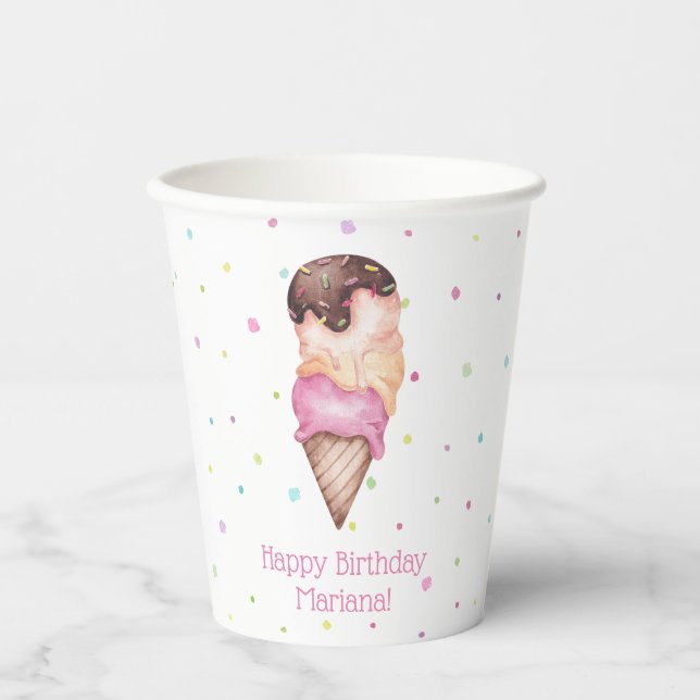 Vasos De Papel Fiesta de cumpleaños de helado de niñas rosadas (Anverso)