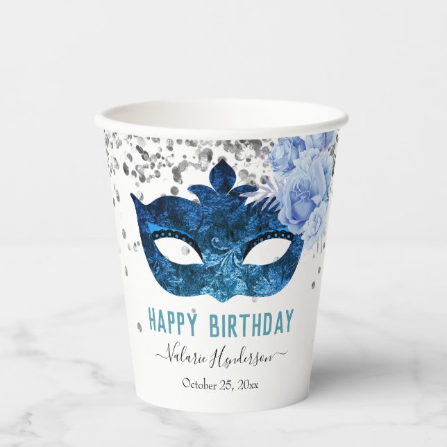 Vasos De Papel Fiesta de cumpleaños de la mascarada azul (Anverso)
