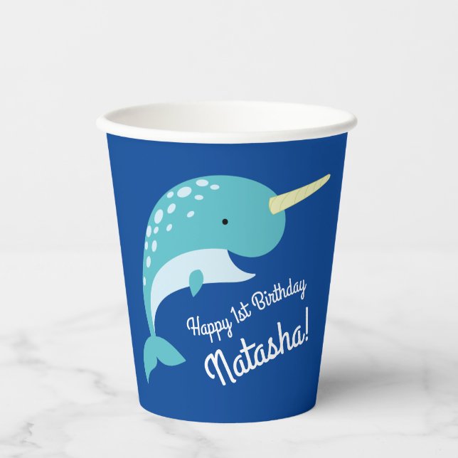 Vasos De Papel Fiesta de cumpleaños de Narwhals (Anverso)