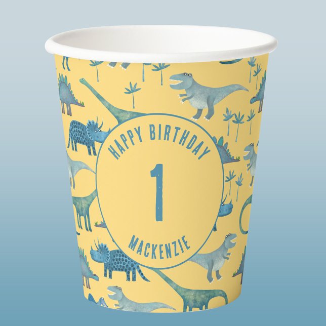 Vasos De Papel Fiesta de cumpleaños de niños de edad personalizad (Fun personalized name and age dinosaur themed kids birthday party paper cups)