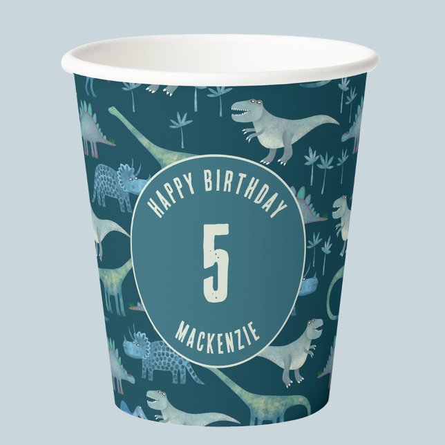 Vasos De Papel Fiesta de cumpleaños de niños de edad personalizad (Fun dinosaur personalized name and age kids birthday party paper cup)