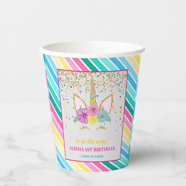 Vasos De Papel Fiesta de Cumpleaños de Unicornio (Anverso)