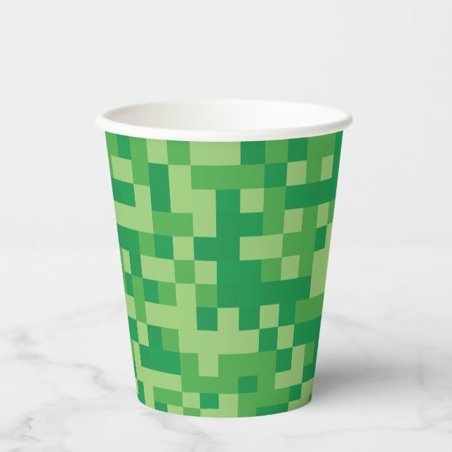 Vasos De Papel Fiesta de cumpleaños de videojuegos pixelados verd (Anverso)