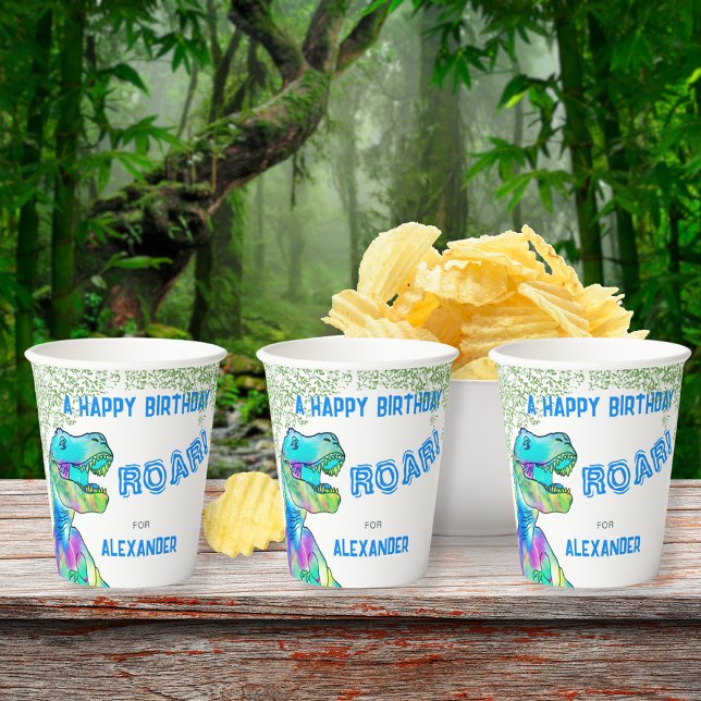 Vasos De Papel Fiesta de cumpleaños del dinosaurio rugido T-Rex (T-Rex roar dinosaur birthday party custom paper cups for any age. Colorful tyrannosaurus & jungle)