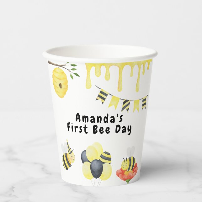 Vasos De Papel Fiesta de cumpleaños del primer día de la abeja co (Anverso)