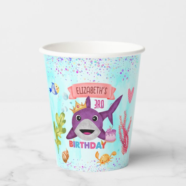 Vasos De Papel Fiesta de cumpleaños del tiburón de cumpleaños de  (Anverso)