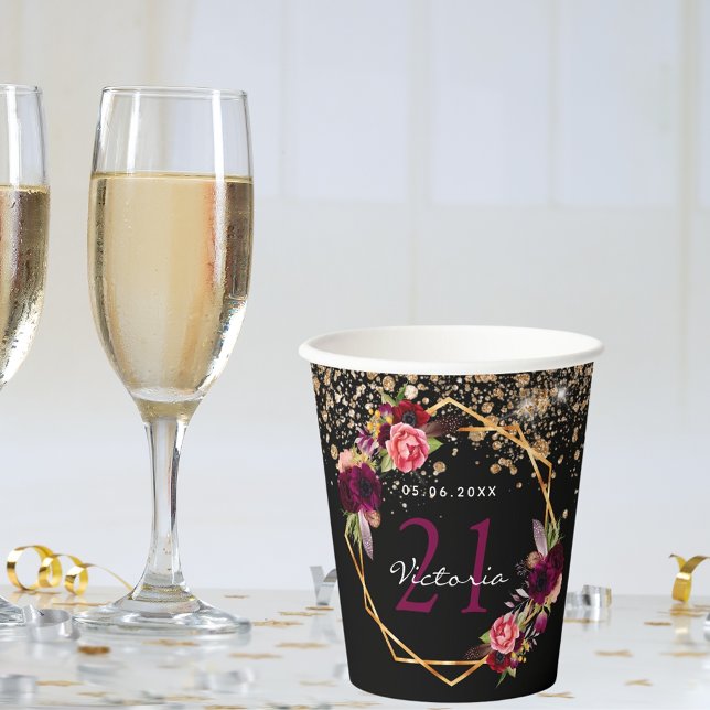 Vasos De Papel Fiesta de cumpleaños flor de oro negro purpurina b (Subido por el creador)