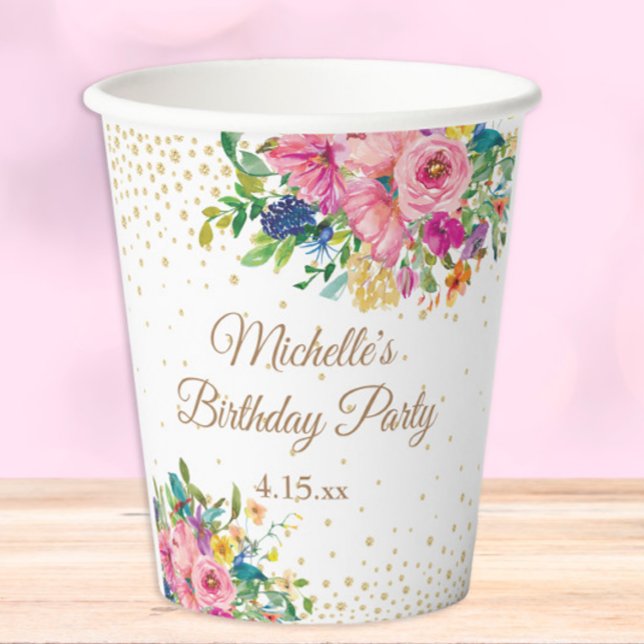 Vasos De Papel Fiesta de cumpleaños floral amarilla rosa azul (Pink and yellow watercolor floral and glitter on white birthday party paper cup)