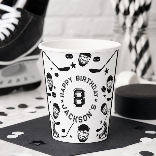 Vasos De Papel Fiesta de cumpleaños infantil temática de hockey e (Hockey black and White Themed Kids Birthday Party Paper Cups)