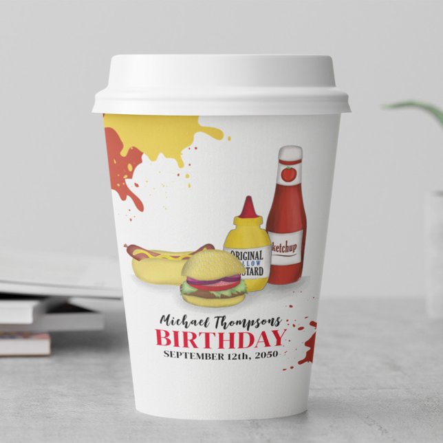 Vasos De Papel Fiesta de cumpleaños lindo Personalizado de barbac (Birthday BBQ hamburger and hotdog paper cup. )