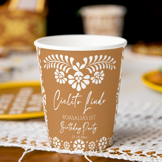 Vasos De Papel Fiesta de cumpleaños mexicano Cielito lindo terrac (Cielito lindo terracotta Mexican fiesta birthday party personalized Paper Cups papel picado cups)