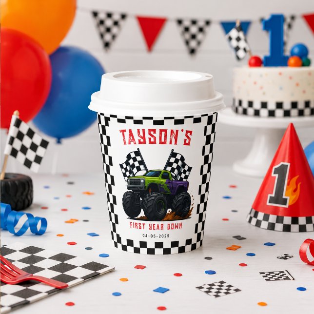 Vasos De Papel Fiesta de cumpleaños número 1 de Monster Trucks  (Monster Trucks 1st Birthday Party Paper Cups
)