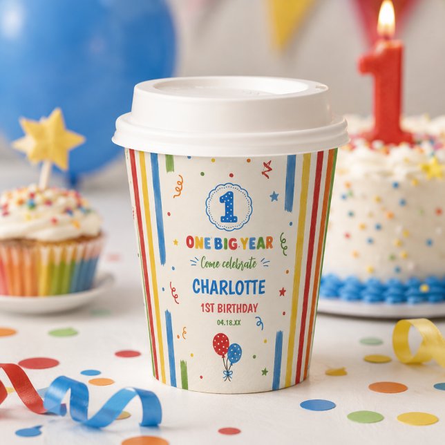Vasos De Papel Fiesta de cumpleaños número uno Bold Rainbow One B (Bold Rainbow One Big Year 1st Birthday party Paper Cups
)