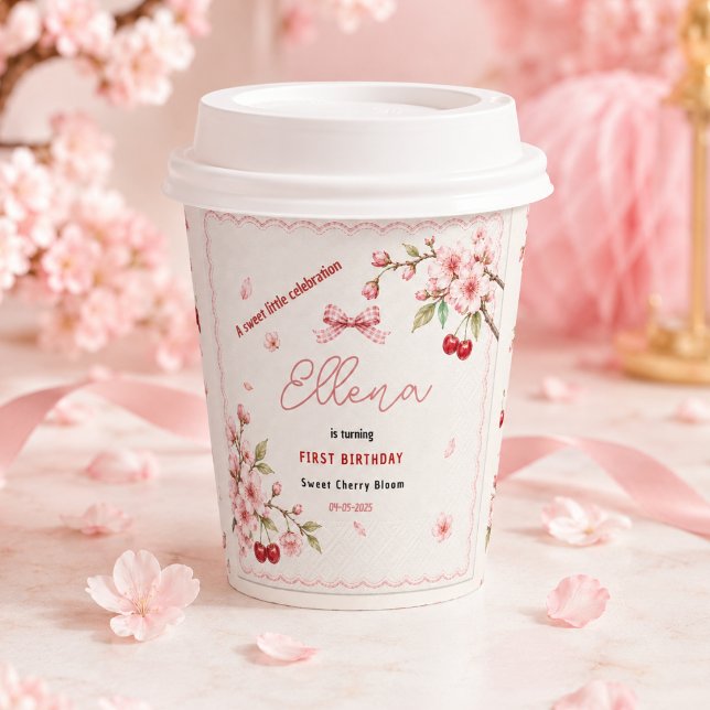 Vasos De Papel Fiesta de cumpleaños número uno de Sweet Cherry Bl (Sweet Cherry Blossom 1st Birthday girl Party Paper Cups
)