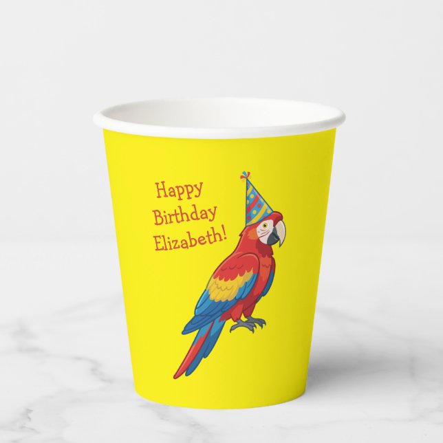 Vasos De Papel Fiesta de cumpleaños para niños loro (Anverso)