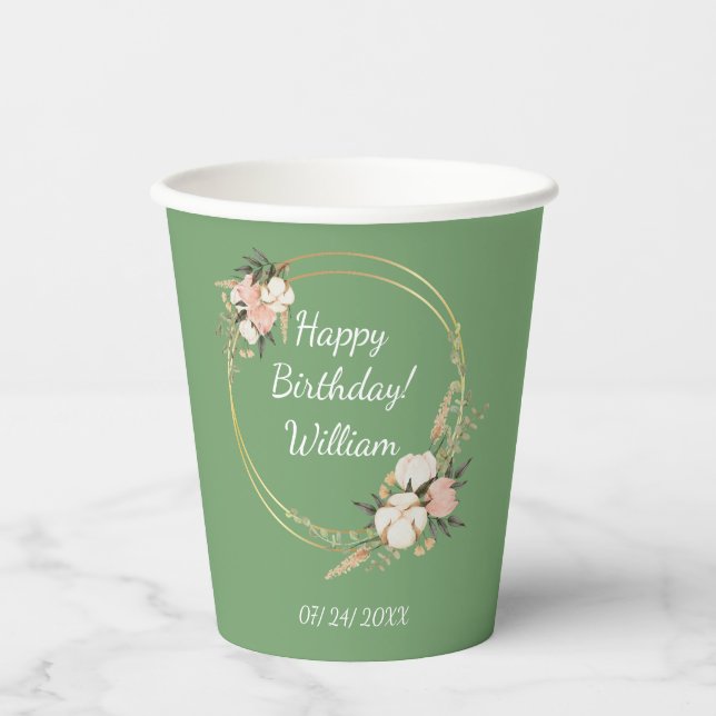 Vasos De Papel Fiesta de cumpleaños personalizada Floral Spray Gr (Anverso)