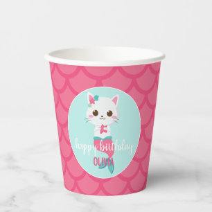 Vasos De Papel Fiesta de cumpleaños Purrmaid Gatito Sirena Escama