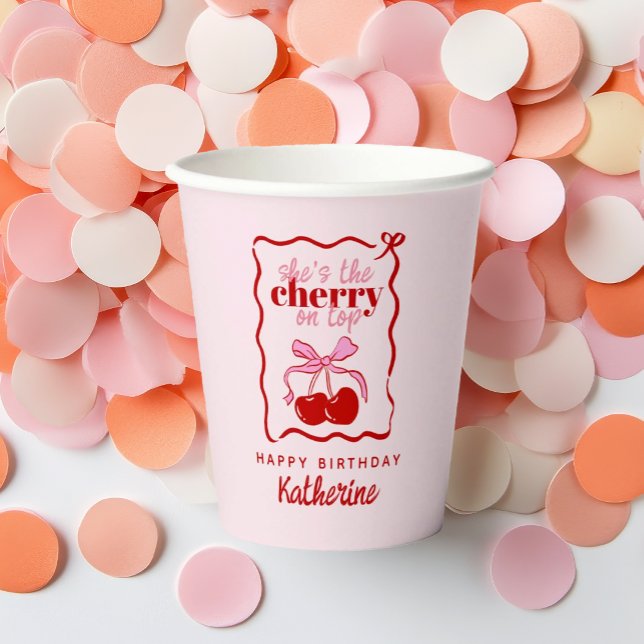 Vasos De Papel Fiesta de Cumpleaños Rosa con Cereza Roja Dibujada (Subido por el creador)