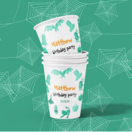 Vasos De Papel Fiesta de cumpleaños temática verde y naranja de H