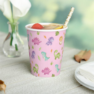 Vasos De Papel Fiesta de Dinosaurios Cute T-Rex Brontosauro Rosa