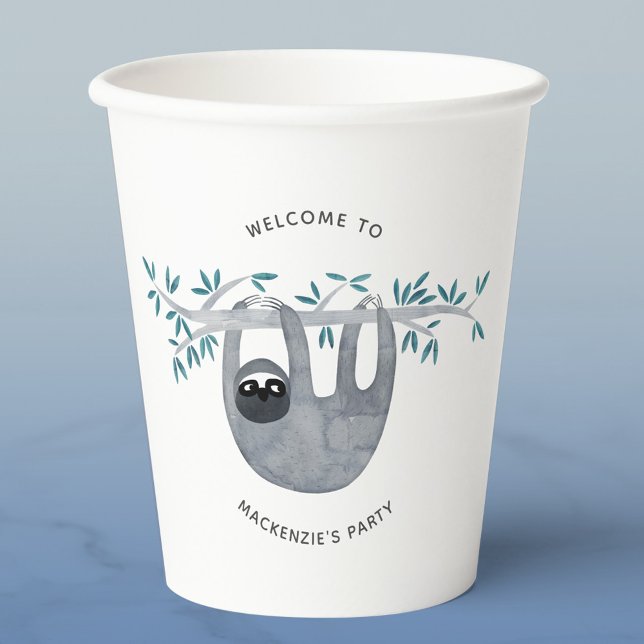 Vasos De Papel Fiesta de eslogan de cute (Watercolor sloth personalized party paper cup)